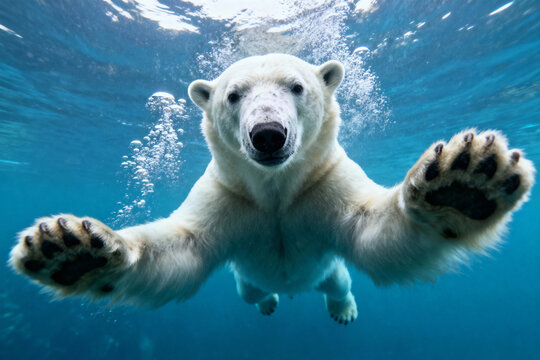 majestic polar bear swimming underwater with paws extended forward