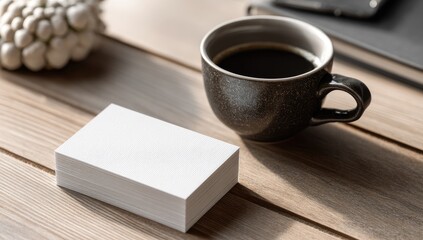 Blank business cards and coffee on a wooden table