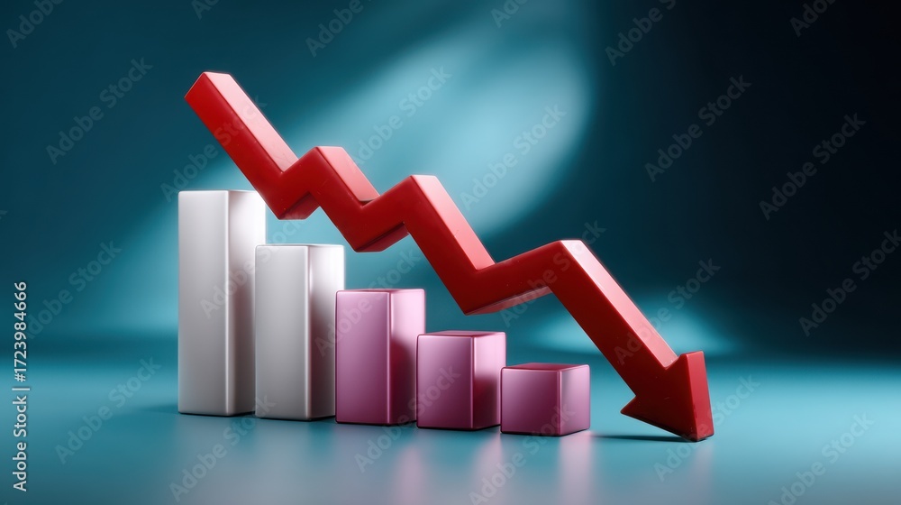 Poster declining graph with red arrow indicating a downward trend in data representation.