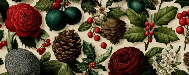 Winter botanical illustration featuring holly, pinecones, and festive seasonal plants
