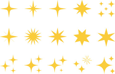 Collection of bright yellow starbursts and sparkles on a white background