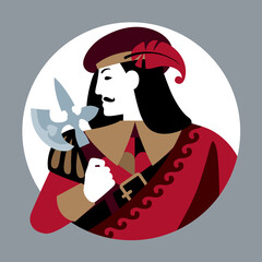 Portrait of the Jack of playing cards character with a sword in his hand in a white round frame. Original vintage design in minimalistic flat style. Vector illustration