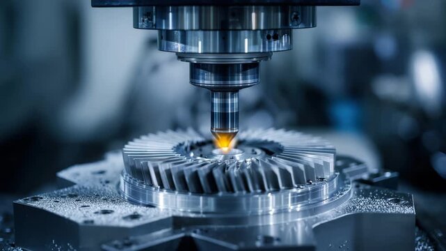 In a modern workshop, a CNC milling machine operates with precision, cutting a metal workpiece into a complex gear shape. Tools rotate to achieve high accuracy