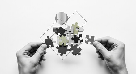 Assembling a complex jigsaw puzzle with various interlocking pieces demonstrating problem solving and strategic thinking in a creative process