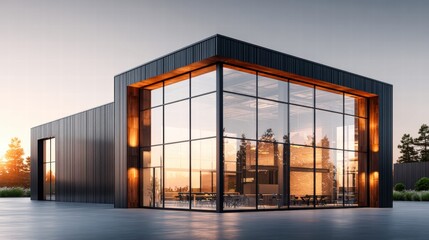Modern architectural building with large glass windows at sunset