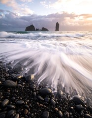 Dramatic sunrise over volcanic shore