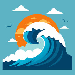 A vector illustration of birds flying in the sun and ocean waves