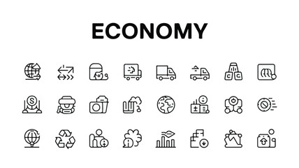 Diverse economic icons representing global finance and business economy trade