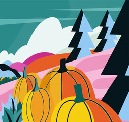 Mountain Autumn flat landscape with  pumpkins, trees
