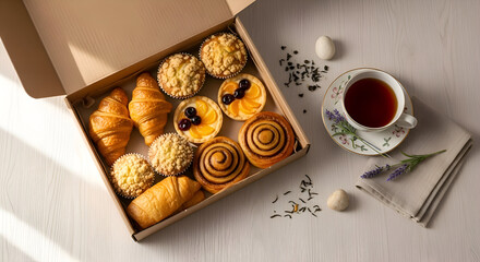 Assortment Of Gourmet Baked Goods, Tea and Lavender, A Delightful Breakfast Scene