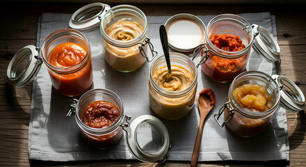 Assortment Of Preserved Sauces And Jams In Glass Jars Ready For Consumption