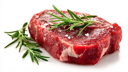 Raw Beef Steak with Rosemary and Salt on White Background