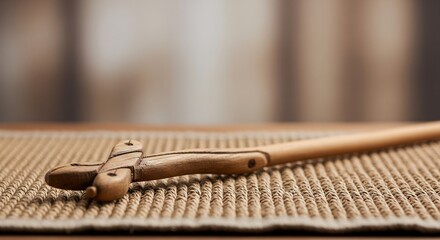 A puppet master's stick resting on a mat, minimalist style