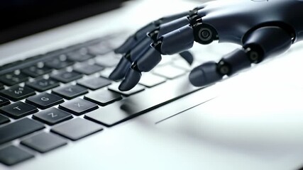 Close Up of Black Robotic Hand Typing on Laptop Keyboard in Bright Studio Lighting with Clean Lines and Metallic Accents - Powered by Adobe