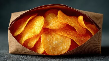 Satisfy your cravings with crunchy potato chips in a rustic brown paper bag, perfect for snack time, parties, or a delicious treat after work
