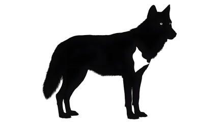 Silhouette of a wolf standing with glowing eyes in a dark background showing its full body profile