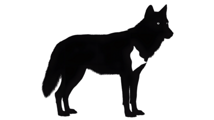 Silhouette of a wolf standing with glowing eyes in a dark background showing its full body profile