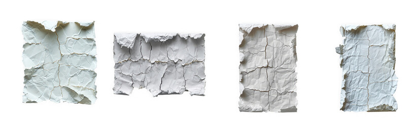 Four textured gray and white plaster pieces with torn edges, isolated on transparent background