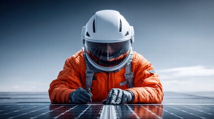 Astronaut inspecting solar panels