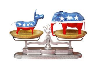 Republican and Democrat party political symbols elephant and donkey on transparent background. 3D illustration