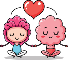 Obraz premium Cute cartoon couple meditating together with love heart above them