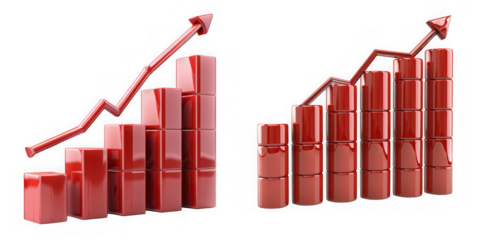 Two red bar graphs with an upward trending arrow, isolated on transparent background