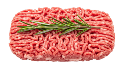Fresh ground beef with a sprig of rosemary, ready for cooking on a white background.