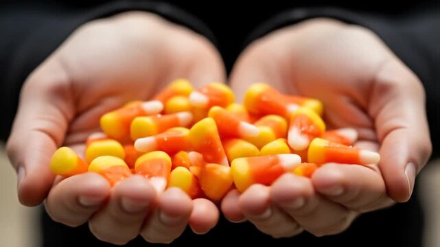 Hands Holding Colorful Candy Corns in Closeup Shot with Soft Focus and Natural Lighting