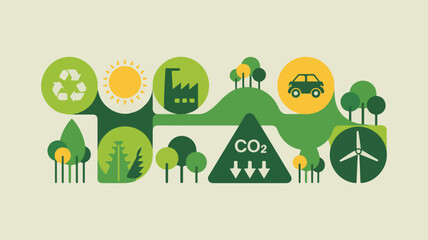 Minimalist environmental illustration with nature industry and transport icons sustainability