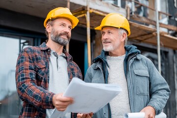Two men wearing yellow hard hats stand at a construction site, reviewing blueprints and discussing the project with smiles on their faces. It is a bright, sunny day