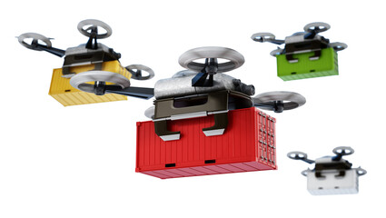 Unmanned drones carrying cargo containers on transparent background. 3D illustration