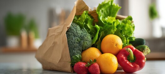 The paper bag filled with fresh vegetables and colorful fruit on counter