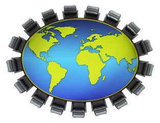 Earth map on table surrounded with seats on transparent background. 3D rendering