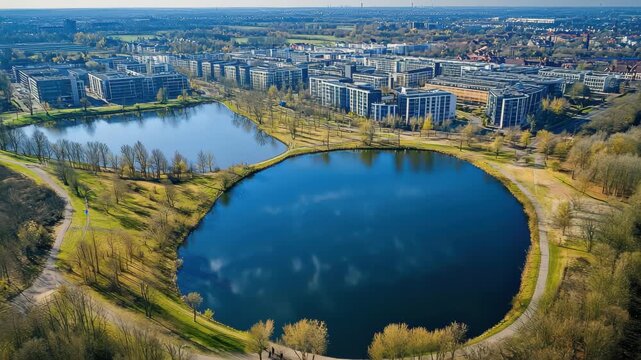 Aerial view showcasing the serene lakes and modern architecture of Hanau in Hesse, Germany during daylight, Aerial view of the city Hanau in Germany, hesse on an early spring day