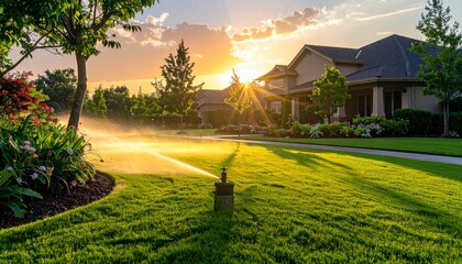 Sprinkler irrigates a lush green lawn in front of a suburban house at sunset, with trees and vibrant plants.