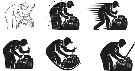 Black silhouette vector illustration of mechanic repairing lawnmower in multiple dynamic styles, fixing garden equipment, maintenance, repair worker, automotive concept design