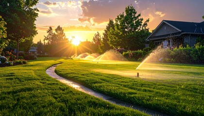 Suburban landscape at sunset, with automated sprinklers watering the lawn.