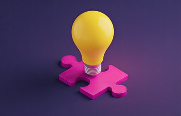A bright yellow lightbulb rests atop a pink puzzle piece, against a deep purple background