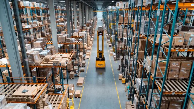 Automated warehouse robotic forklift moving packages along aisles with stacked cardboard box storage racks showcasing efficient modern logistics
