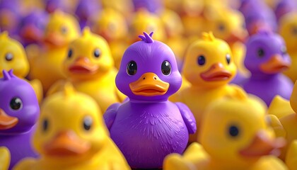 A close-up of a purple rubber duck standing out among yellow ones.