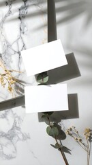 Blank business cards on marble, with eucalyptus and dried flowers