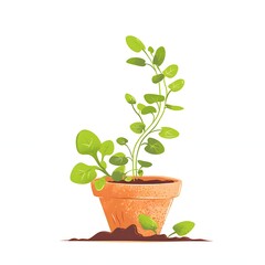 Fototapeta premium Young green plant growing in clay pot with soil, eco friendly home gardening, natural lifestyle illustration, sustainable indoor planting
