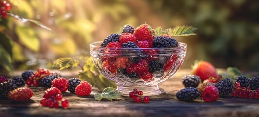 The Bowl of Mixed Berries on a Rustic Wooden Table at Sunset