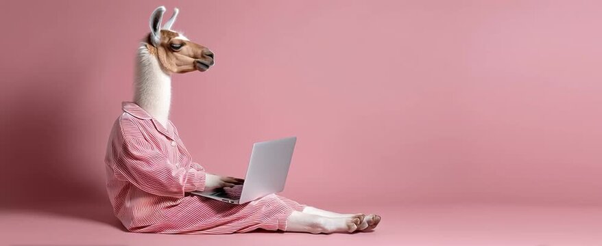 Llama working from home in pajamas on a laptop computer