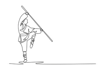Continuous one line drawing male Shaolin Kung Fu master balancing on one leg while holding staff, incredible discipline and core strength required for pose. Single line draw design vector illustration