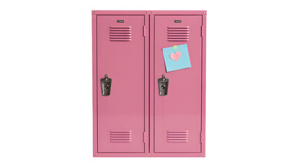 A pair of pink metal school lockers with a blue note and a pink heart attached to the right locker