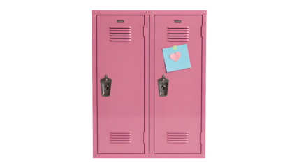 A pair of pink metal school lockers with a blue note and a pink heart attached to the right locker