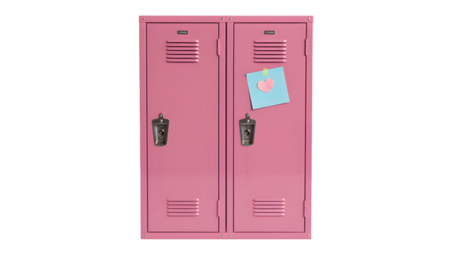 A pair of pink metal school lockers with a blue note and a pink heart attached to the right locker