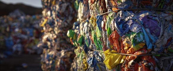 Fototapeta premium The Baled Aluminum Cans in a Recycling Facility at Sunset