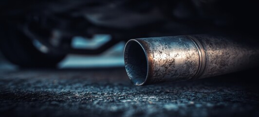 The exhaust pipe of a weathered car resting low over rough asphalt at dusk